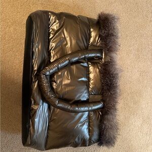 Shiny Brown Tote with Faux Fur Trim